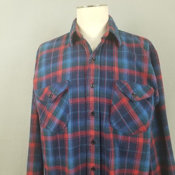 OshKosh B'gosh Shirt Mens Large Tall Blue Red Plaid Flannel Button Pockets - Picture 2 of 16